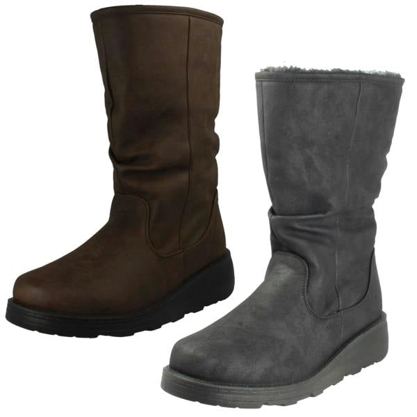 Spot On Ladies Spot On Fur Lined Zip Up Wide Fit Wedge Heel Mid Calf Boots F4466