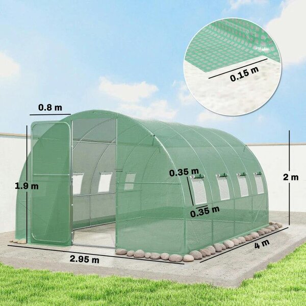 3 x 4 m Walk-in Polytunnel Greenhouse with Hinged Door and 8 Roll Up Mesh Windows, Garden Tunnel Warm House Tent, Green