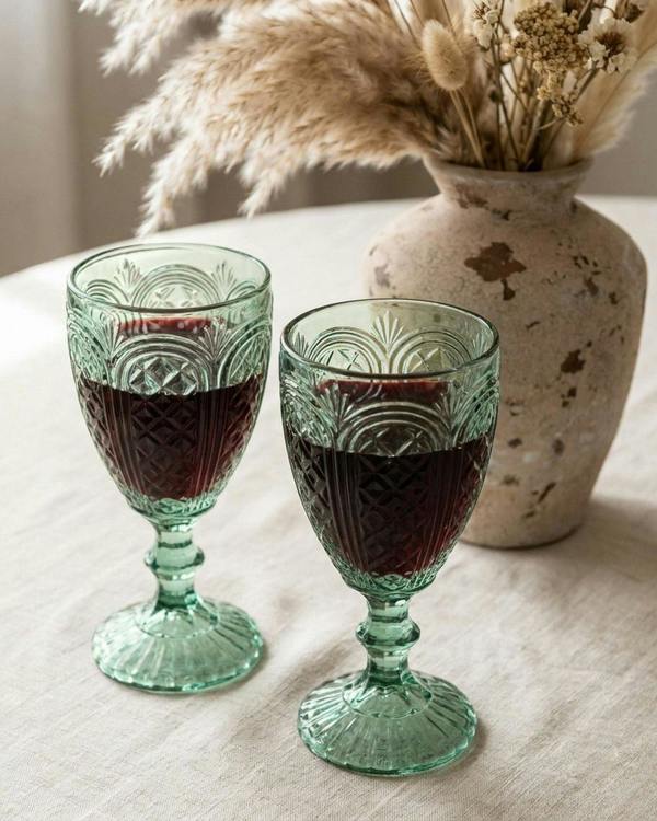 Set of green glass goblets on a white surface with red flowers.
