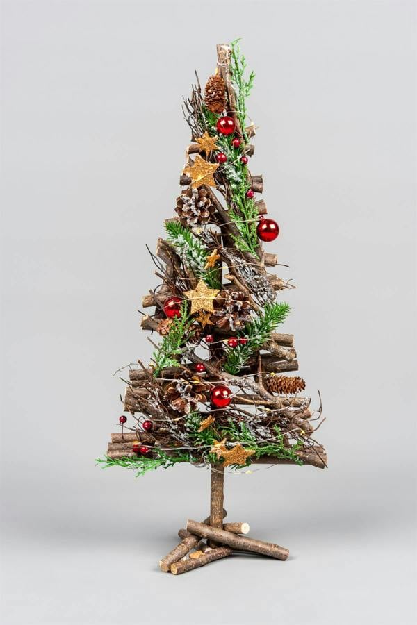 5cm Battery Operated LED Twig Wood Tree with Warm White Lights, Red Baubles and Rustic Festive Details image 3