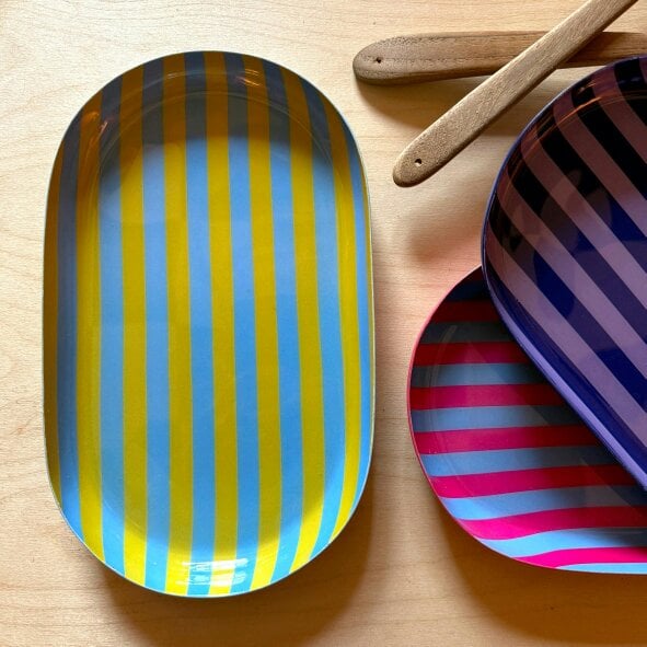 Love Frankie Small Stripy Oval Trays - 5 Colours Available - Small Oval Stripy Tray in Soft Blue and Mustard