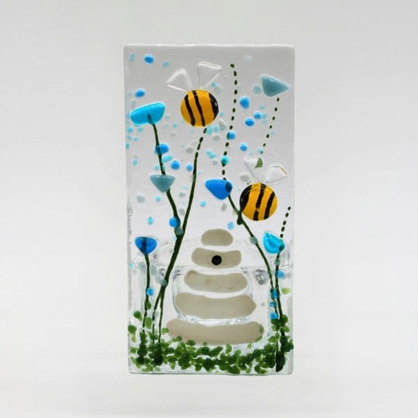 Handmade Fused Glass - Tea Light Holder - Bumble Bee - Forget Me Not