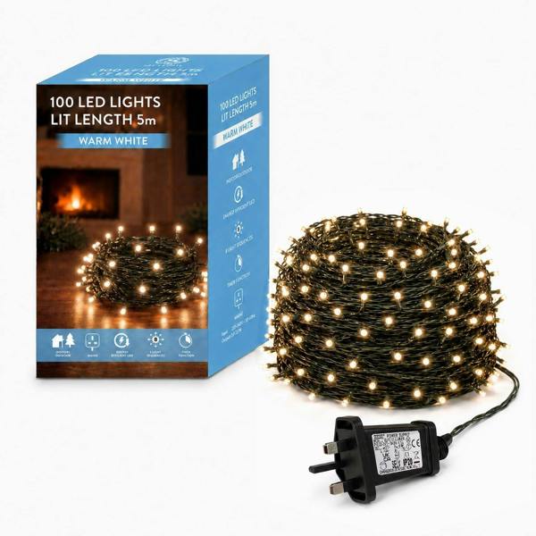 8m 100 LED Warm White Fairy String Lights Mains Powered, 8 Modes, Memory Function, Auto Timer, Indoor/Outdoor Green Cable image 1