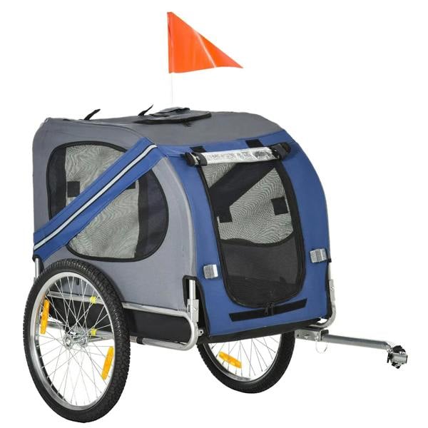 Blue and gray dog bike trailer with mesh side panels, door zipper, and safety flag.