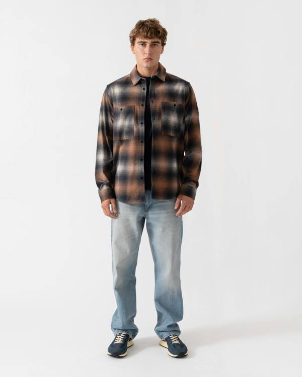 Outfit shot of Belstaff Mens Outpost Shirt Brushed Cotton Flannel - Maple Brown