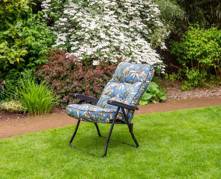 Deluxe Garden Recliner Chair with Cushion - Foldable Outdoor Lounger Tropical Blue 99cm x 58cm x 58cm The Garden Furniture Shop