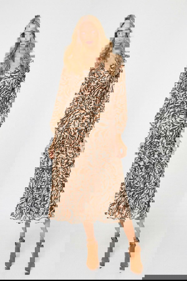 Brown | Printed Layered Long Sleeve Maxi Dress
