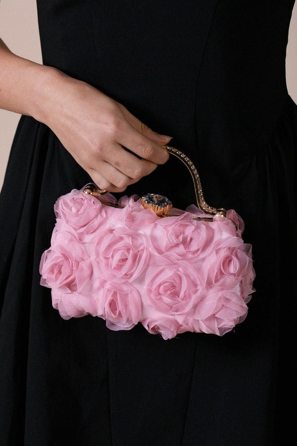 SVNX Organza 3D Rose Clutch In Pink