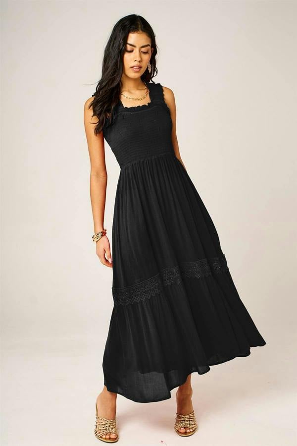 FS Collection Lace Detail Tiered Maxi Dress In Black