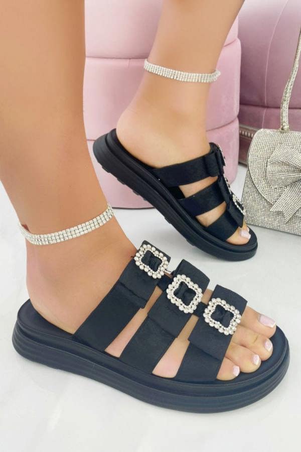 Love Lemonade Crystal Buckle Triple Bow Sliders Black