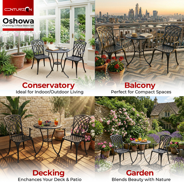 Centurion Supports OSHOWA Luxurious Garden and Patio Table and 2 Large Chairs with Armrests Cast Aluminium Bistro Set - Black