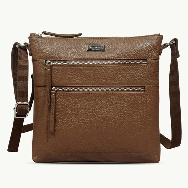 Assots London 'CORI' Tan Pebble Grain Real Leather Crossbody Bag