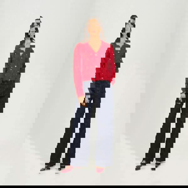 Brave Soul Red Fluffy Knit Cardigan With Jewel Embellishment - Red Image 3