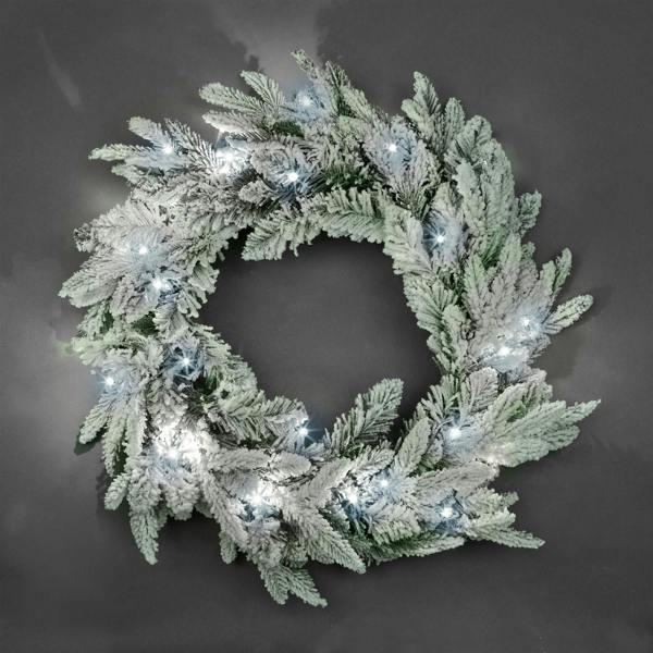 55cm Pre-Lit Lapland Fir Green Christmas Wreath with White LEDs, PVC Tips, Battery Powered image 1