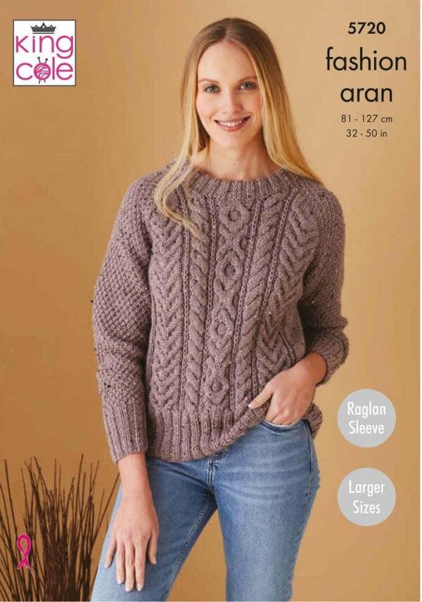 King Cole Fashion Aran Knitting Pattern 5720, Cardigans, Sweaters for Women, 32 - 50 Inches