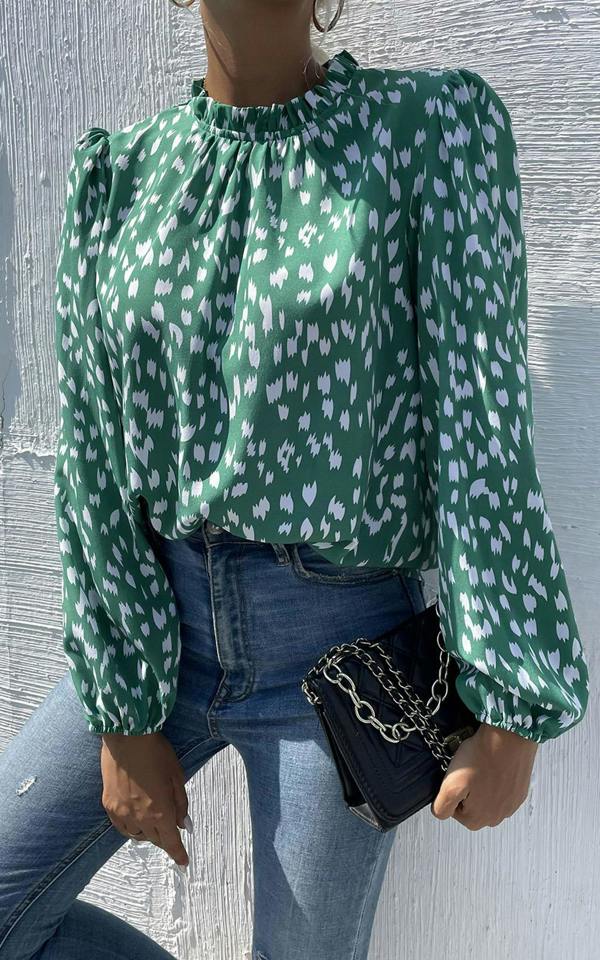 FS Collection Animal Print Frill Detail High Neck Top In Green