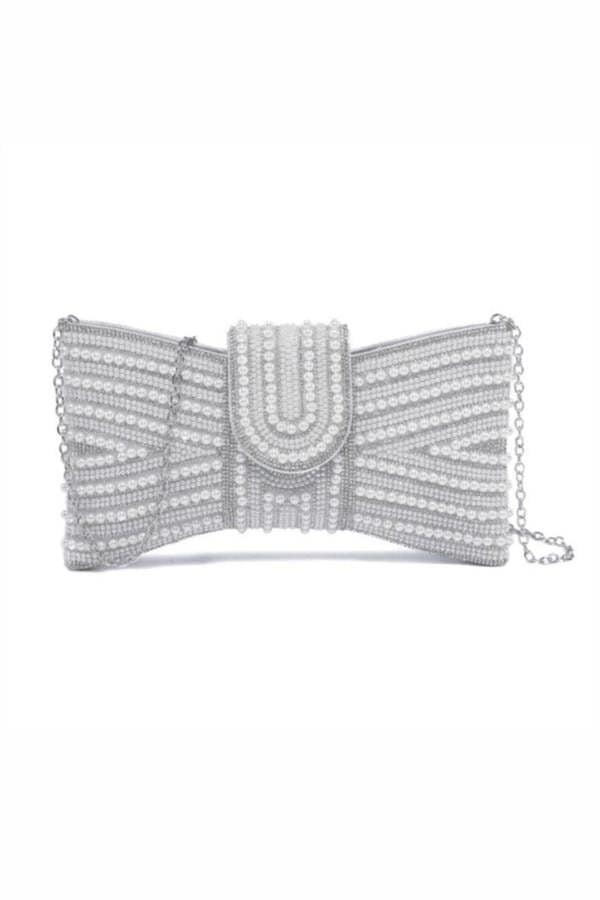 Love Lemonade Sparkly Pearl Bow Clutch Bag Silver