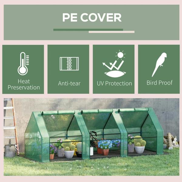 Green mini greenhouse with clear PE cover, outdoors with potted plants inside