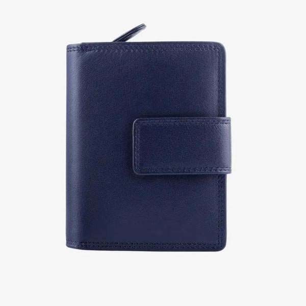 Soft navy leather trifold purse with secure tab fastening – front view