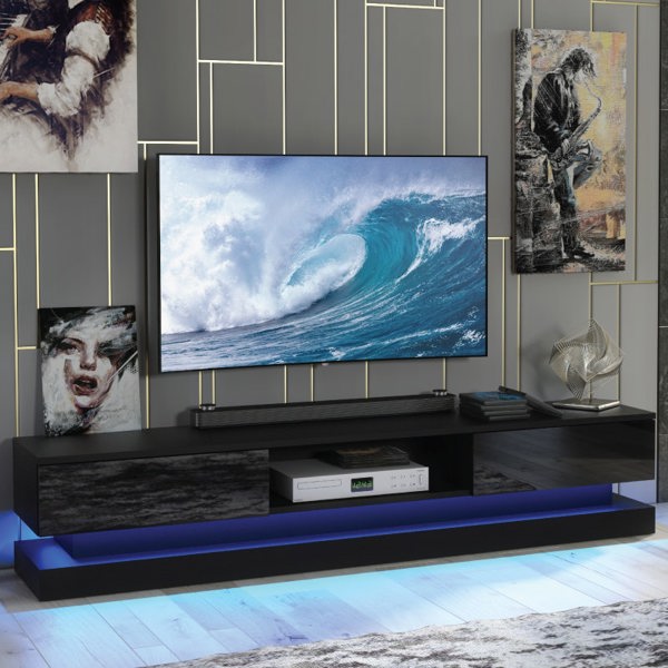 Mex Furniture 180cm Modern TV Unit with Black High Gloss Doors & Free LED Lighting