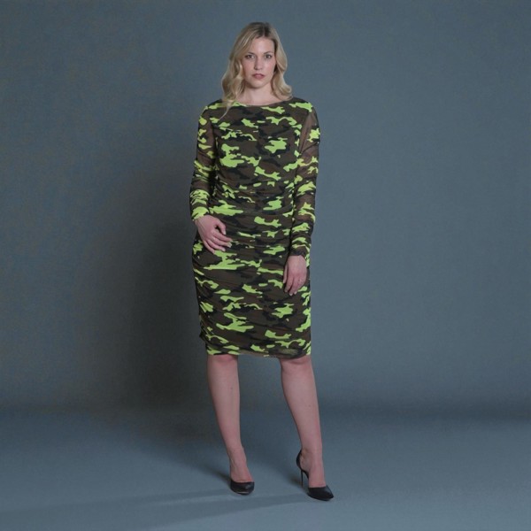 Women's Neon Lime Brown Black Camouflage Bodycon Midi Dress styled with black heels for a bold and chic look.