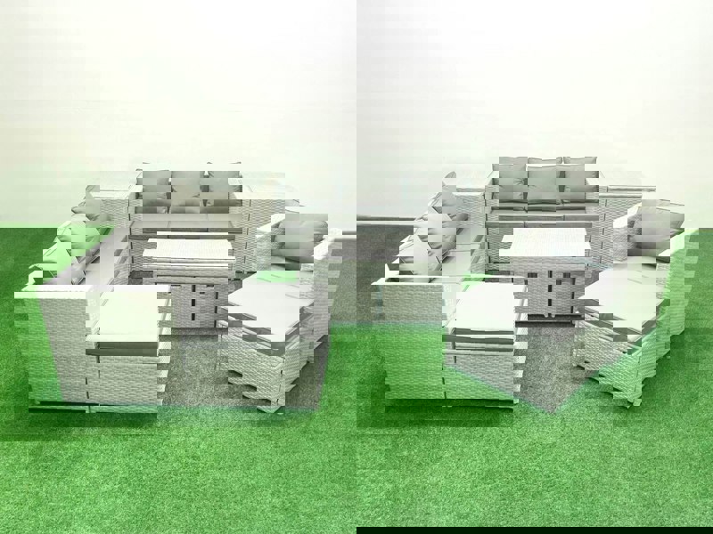 Fimous Outdoor Rattan Garden Furniture Set with Grey Cushions Luxury 11 Seater with Coffee Table and 2 Side Tables For Conservatory,Patio