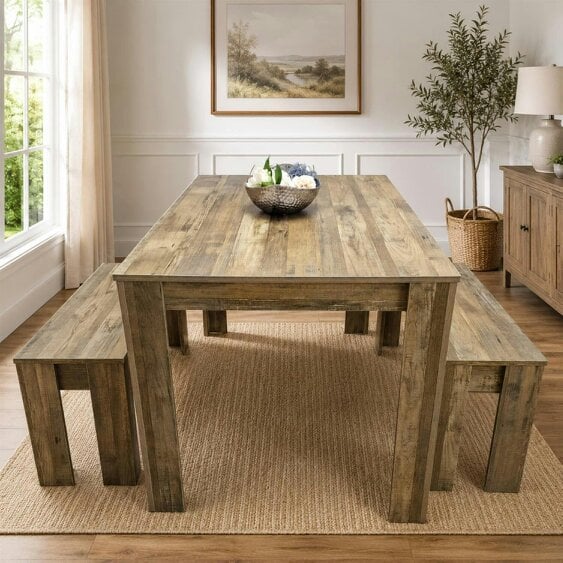 Kosy Koala Rustic Effect Wood Dining Table Set with 2 Rustic Benches ? Dining Room Furniture
