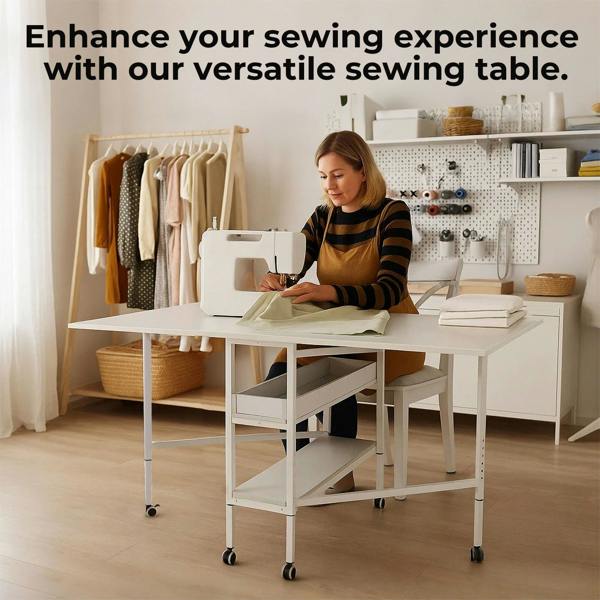 Levede Folding Sewing Table Large 84–102 cm Adjustable Lockable Casters Steel