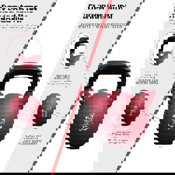 24kg red neoprene kettlebell with a sturdy black handle, designed for durability and heavy lifting, ideal for strength training