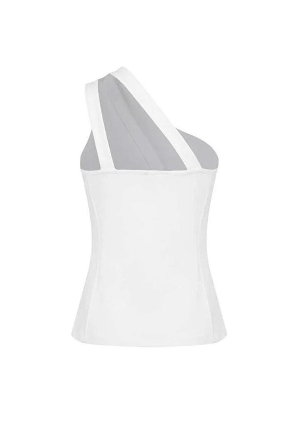 WOVCOR Asymmetrical Collar Sleeveless Buttoned Scuba Crepe Knit Blouse