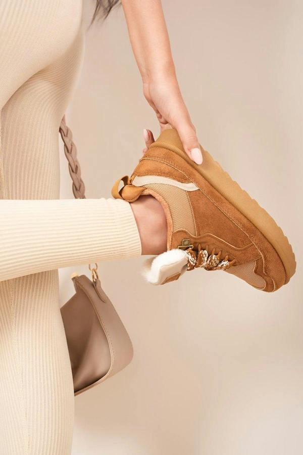 Leiza Chunky Lace Up Faux Fur Trainers - Chestnut