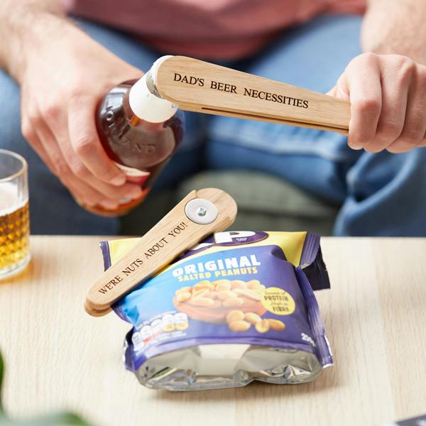 MijMoj Design Personalised Oak Bottle Opener & Snack Bag Clip