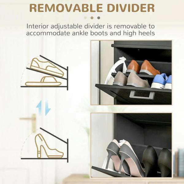 Black shoe cabinet interior with removable divider for organizing ankle boots and heels