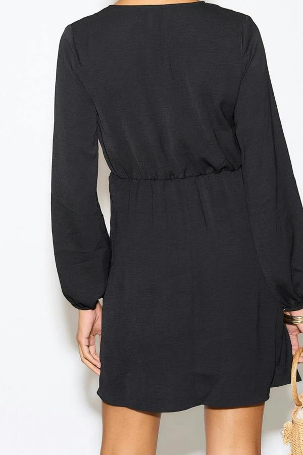 Hoxton Gal Relaxed Fit Wrap Front Long Sleeves Mini Dress in Black