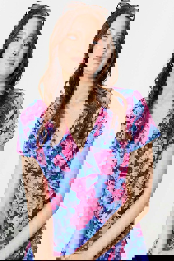 Blue | Floral Frill Faux Wrap Short Dress