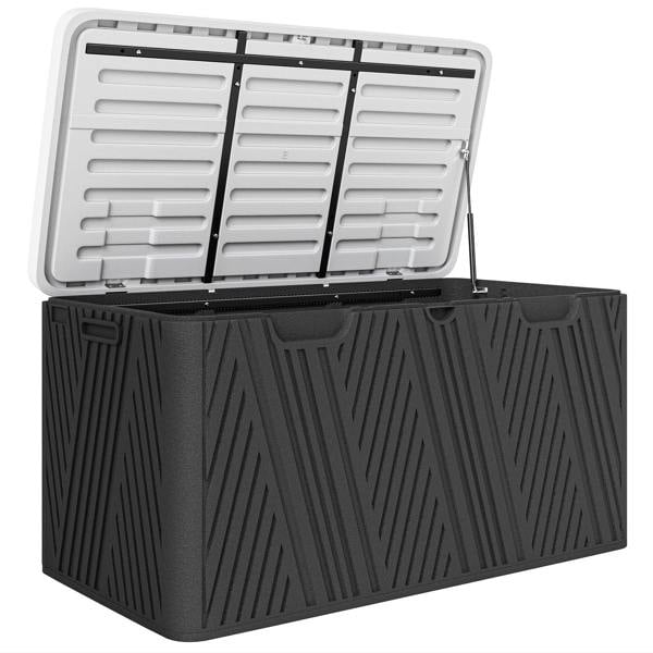 Black waterproof outdoor storage box with textured sides and open lockable lid