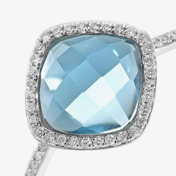 T. H. Baker 9ct White Gold Cushion Cut Blue Topaz Diamond Set Shoulder Ring DR1503W BT
