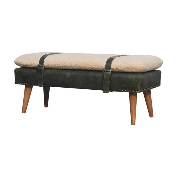 Artisan Furniture Bouclé Buffalo Hide Olive Green Leather Bench