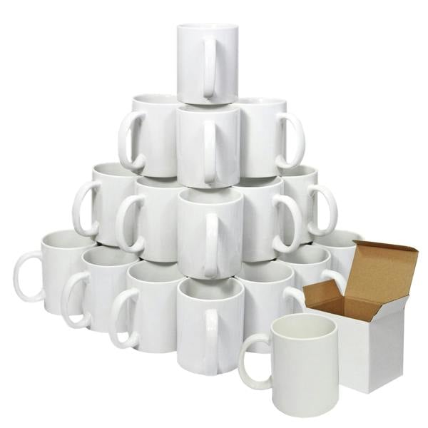 Stack of plain white ceramic sublimation mugs arranged in a pyramid with one open box and single mug beside it.