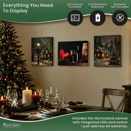 Barrel, Wine and Candles Christmas Canvas Print with LED Lights, 3 Flickering Candle Effects, 40 x 30 cm