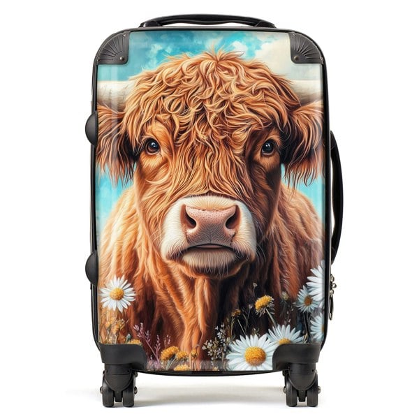 Warren Reed Highland Cow with Daisies Suitcase