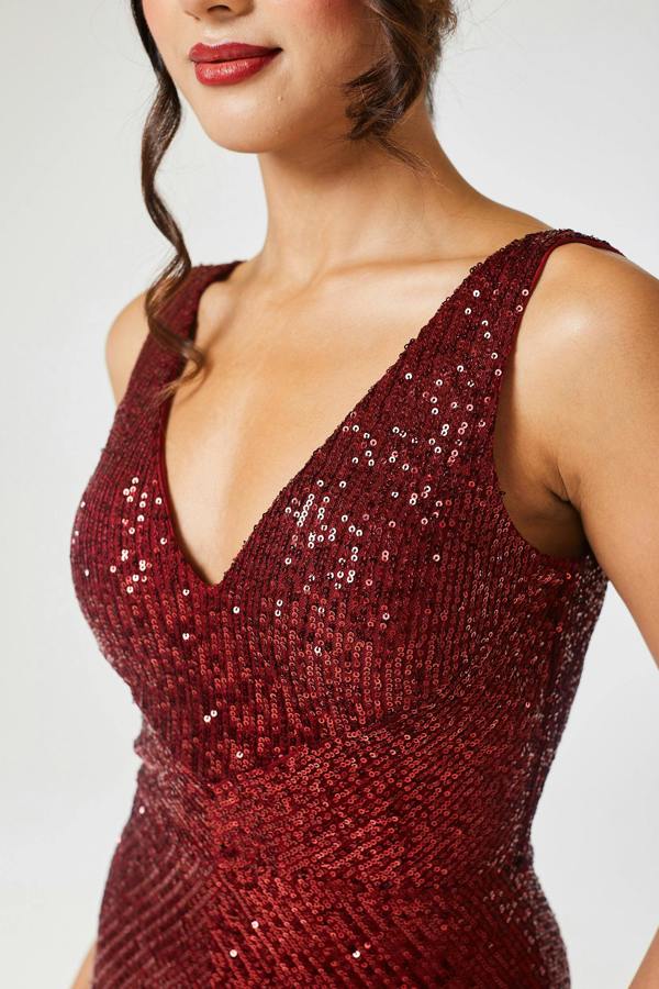 LuvForever Ruby - Wine V Neck Sequin Jumpsuit