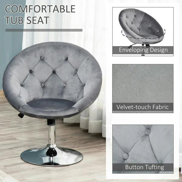 Grey velvet-look tub seat swivel chair with button tufting and thick padded back