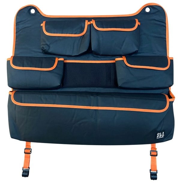 The OLPRO Rear Double Seat Storage Organiser in orange from OLPRO on a white background.