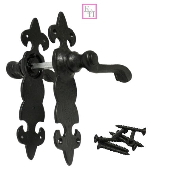 EDH Door Hardware Black Cast Iron Fleur-de-Lys Door Handles – Lever Latch, Bathroom Lock & 3 Lever Lock Sets