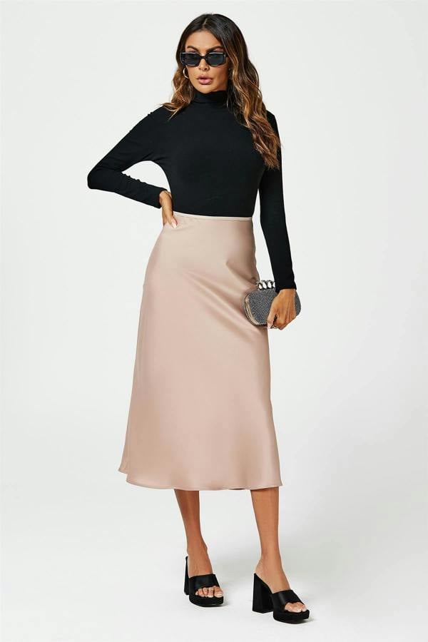 FS Collection Satin Midi Skirt In Light Brown