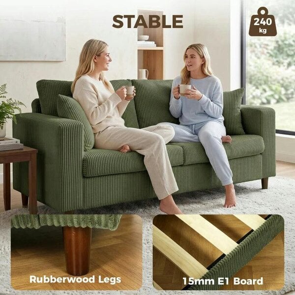 Loveseat Sofa with Wide Seat, Corduroy 2 Seater Couch with Deep Seat, Spring Cushion, Green