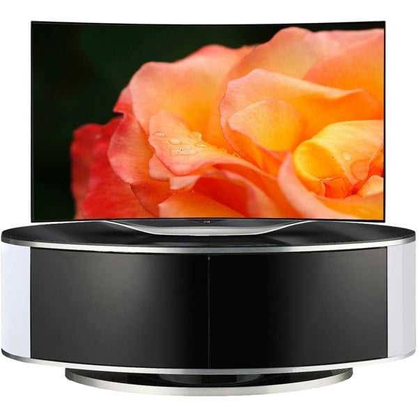 MDA Designs LUNA Gloss Black Oval Cabinet with White Profiles and Black BeamThru Glass Doors Suitable for Flat Screen TVs up to 50"