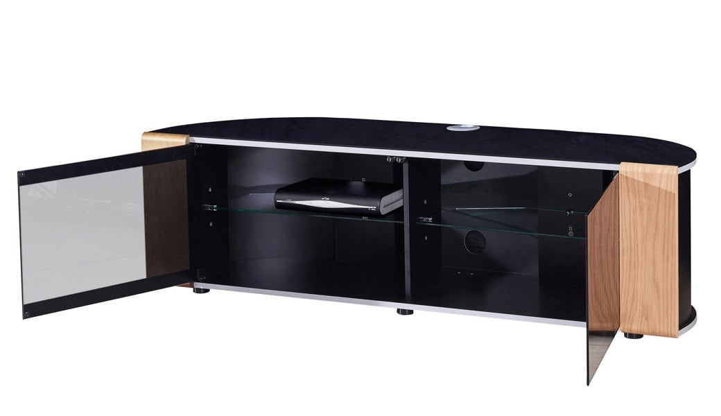 MDA Designs Sirius 1600 TV Cabinet Gloss Black Stand with BEAMTHRU Remote-Friendly Glass Door, Walnut/Oak Trims for TVs up to 70” TV