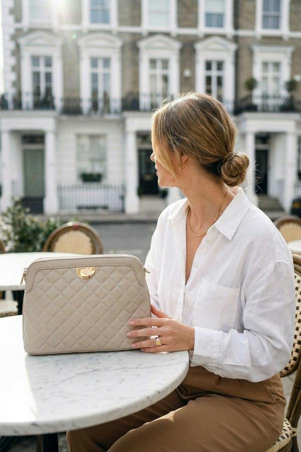 Constance Quilted Frame Crossbody Bag - Beige